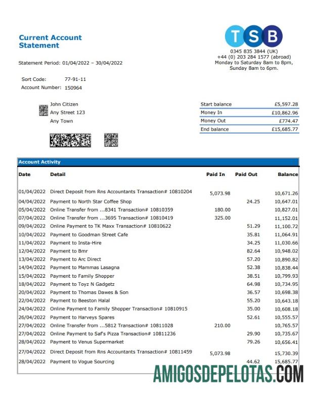 Extrato bancário TSB do Reino Unido, exemplo de Excel